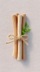 Bundle of Twigs Tied with Jute String on Beige Canvas