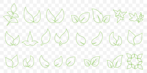 set of Green line leaf icons on Transparent Background. EPS 10.