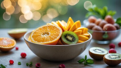 Fresh fruit bowl with orange slices, kiwi, and mango, surrounded by berries and greenery, on a wooden table.