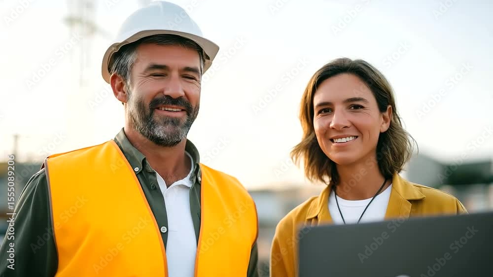 Poster a caucasian engineer and hispanic architect collaborate on a project as the sun sets in the backgrou