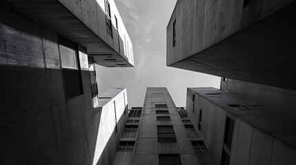 Fototapeta premium Tall brutalist towers viewed from a courtyard upward, concrete dominating with harsh shadows and sky 
