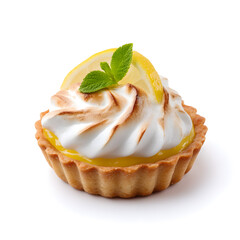 Lemon meringue tart with golden topping. Elegant lemon meringue tart with golden-browned topping, isolated on a white background. Perfect for patisserie, dessert menus, and bakery visuals.
