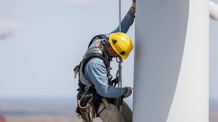 Professional technician climbing tall wind turbine pylon, wearing safety harness, conducting meticulous maintenance and inspection of renewable energy infrastructure - Powered by Adobe