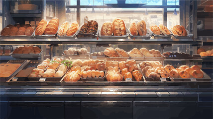 Warm sunlight illuminates shelves filled with various breads and pastries inside a cozy bakery