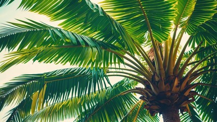Close-up of a palm tree with lush green fronds. Tropical vegetation and foliage. Nature and plant life. The image captures the vibrant greenery of a palm tree.