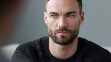 Obraz premium Close-up of a man with serious facial expression during. Ideal for mental health, emotional support, and counseling topics.