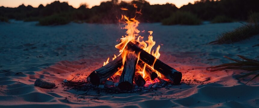 A campfire burning on the sand in a desert landscape during twilight, with flames and logs creating a warm glow.