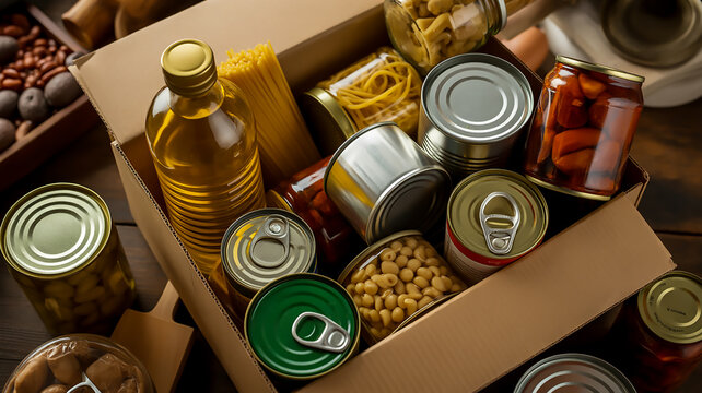 A high-angle photograph of an open cardboard box filled with various canned and preserved foods
