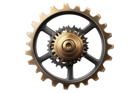 Detailed gear wheel isolated with a transparent background showcasing intricate design and mechanical engineering features