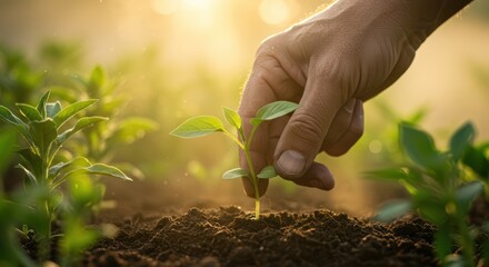 Fototapeta premium Cultivating Growth A Gentle Hand Nurturing a Seedling in the Warm Sunlight of Early Morning Dawn
