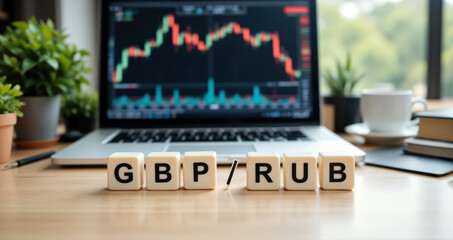 GBP RUB forex trading showing exchange rate between British pound and Russian ruble in global currency market with copy space