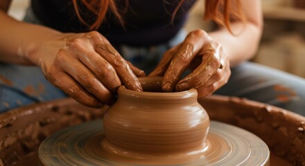 Woman shaping clay pottery on a wheel in an artisan studio with tools and materials nearby
