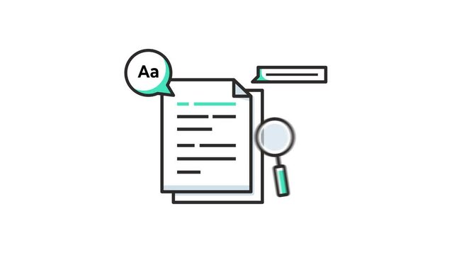 4k animation of a document, magnifying glass, and text-related speech bubble, symbolizing research, text editing, or language tools.