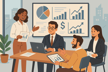 Business team collaborating on financial data analysis in a modern office meeting. Colleagues discussing growth and profitability with charts and graphs. Corporate teamwork concept.