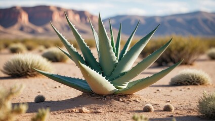 Desert landscape with an aloe plant, mountains in the background, and scattered bushes.