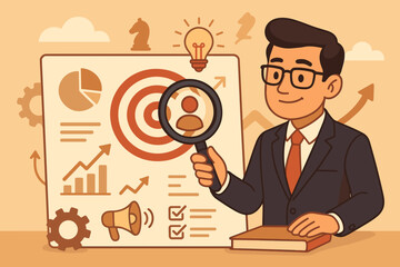 Marketing strategy concept. Businessman analyzing target audience with magnifying glass. Customer research, data analysis, and consumer behavior for business growth. Vector illustration.