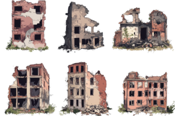 Ruined buildings stand isolated, showcasing the passage of time and nature's reclaiming in a desolate landscape