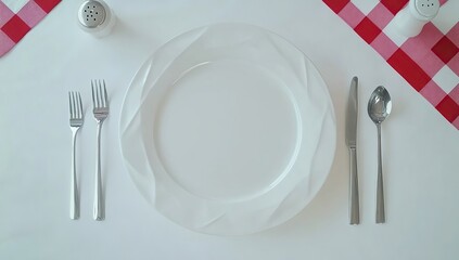 Top view of a white plate, with a fork and knife on the side, a red checkered napkin,