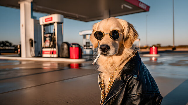 Golden retriever dog wearing sunglasses and leather jacket smoking at gas station