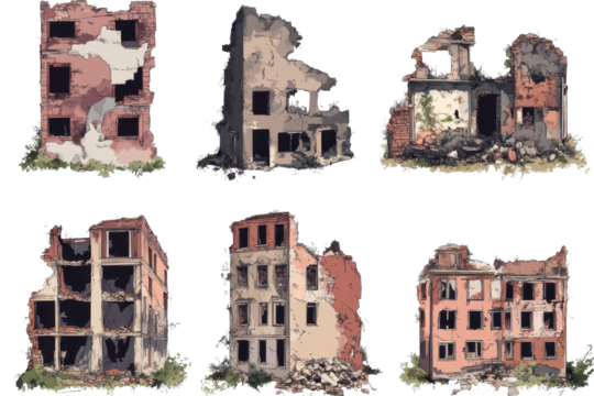 Ruined buildings stand isolated, showcasing the passage of time and nature's reclaiming in a desolate landscape