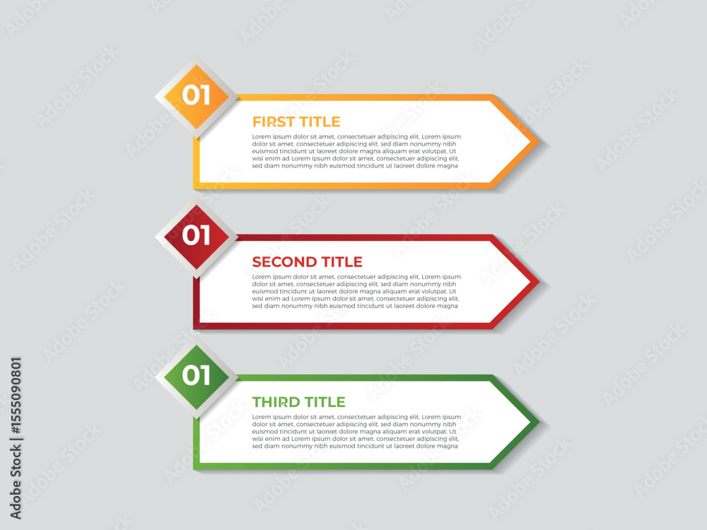 Poster chart infographic 3 point with round box and circle badge on center with horizontal direction for sl