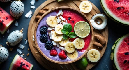 Fresh fruit smoothie bowl with banana, blackberry, raspberry, watermelon, lime, coconut, and mint garnishes. Healthy and colorful breakfast or snack idea.