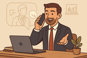 Businessman communication concept. Man on phone call at office desk. Customer service, support. Sales manager. Corporate collaboration. Professional workplace conversation.