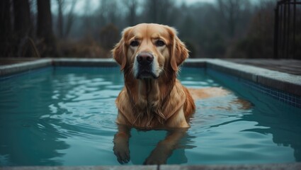 Golden retriever dog in swimming pool during daytime.