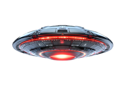 Sleek metallic ufo with glowing red lights isolated on transparent
