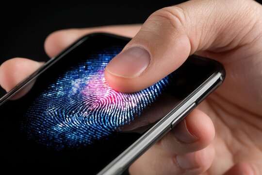 Hand using fingerprint scanner on smartphone for security verification