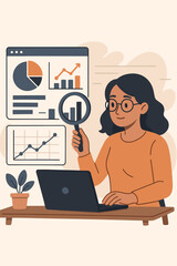 Businesswoman analyzing big data and market research with magnifying glass at laptop. Data science, analytics, statistics, financial charts, graphs, infographics. Office desk vector illustration
