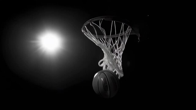 Basketball swishing through net, bright orange sphere descending in dark shadowy background with dramatic slow motion precision