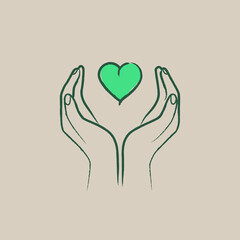 Hands holding heart — minimal sketch line vector on craft background