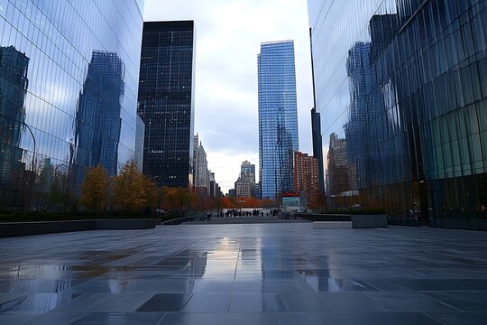Wide modern plaza framed by towering glass buildings, sky stretching between reflective sides