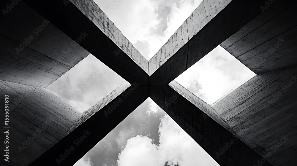Poster x-shaped building cross-section from below, intersecting lines of architecture against cloudy sky