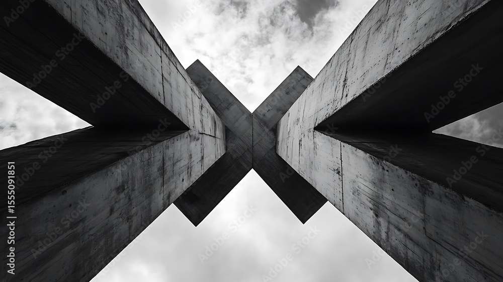 Poster x-shaped building cross-section from below, intersecting lines of architecture against cloudy sky