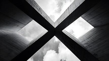 X-shaped building cross-section from below, intersecting lines of architecture against cloudy sky 