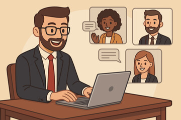 Businessman in virtual conference call with diverse team on laptop. Remote work concept, online meeting and business collaboration. Telecommuting, webinar and video chat cartoon vector illustration.