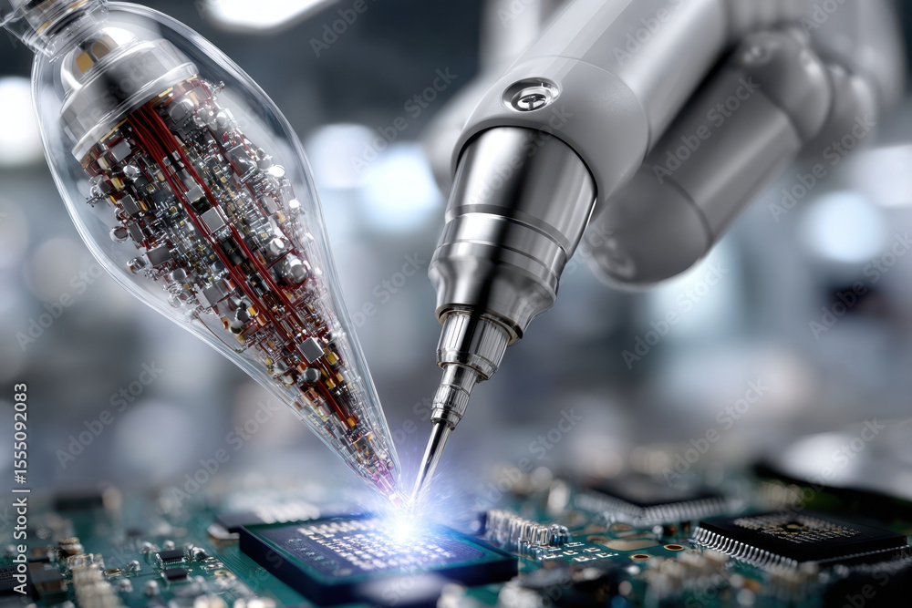 Poster advanced robotic arm assembling microchips in a high-tech electronics lab