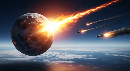 Catastrophic Asteroid Impact on the Moon's Surface, 
Cosmic Disaster: Meteor Collision with the Moon, 
Dramatic Space Event: Moon Impact Over Earth's Horizon.