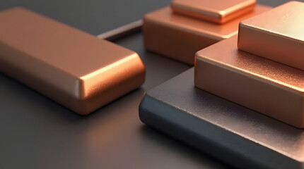 This captivating 3D composition showcases stacked geometric shapes in luxurious copper and deep graphite tones, elegantly lit to highlight their metallic textures