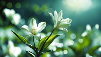 Obraz premium White flowers blooming on green foliage with sunlight in the background. Natural beauty and floral scenery. Gardening and plant life. The essence of nature and serenity.