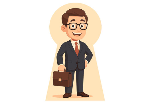 Businessman in keyhole, a metaphor for insider knowledge and exclusive access. Concept of the key to success, unlocking opportunity, and finding a business solution. Cartoon vector.