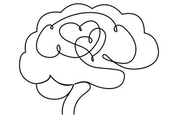 Human brain continuous one line drawing of isolated outline vector minimalist style.