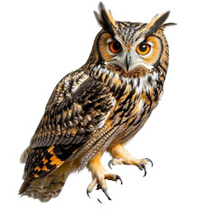 Naklejka premium Majestic Owl Perched Gracefully on a Branch with Striking Feathers and Intense Gaze in a Bright Natural Setting Full of Life