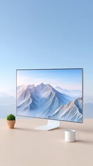 Clean Minimalist Desktop Setup with Widescreen Monitor Displaying Snowy Mountain Landscape