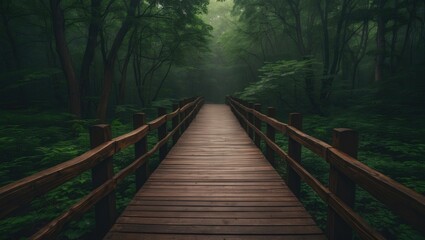 Wooden bridge in a dense green forest. Nature and outdoor scenery. The concept of hiking and exploration. Forest environment. The idea of tranquility and natural beauty.