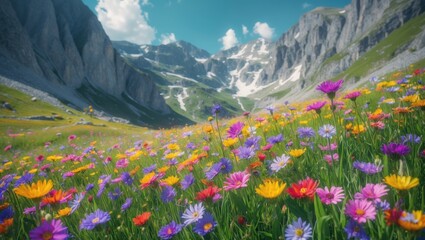 Fototapeta premium Colorful wildflowers in a mountain valley with snow-capped peaks, green slopes, and blue skies.