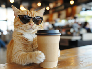 Cool cat in sunglasses enjoying coffee at a cafe