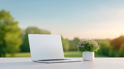 Clean Workspace with Laptop and Potted Plant Near Green Field